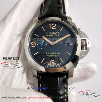 Perfect Replica Panerai  Luminor Marina Wrist 44MM Watch Mens Size - PAM01312 316L Steel Case Black Dial Orange Markers Black Leather Strap